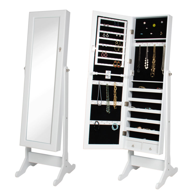 White Mirror Jewelry Armoire W/ Stand Mirror Rings, Necklaces